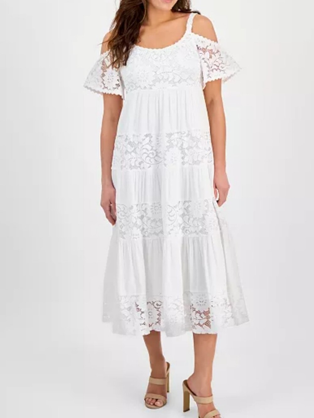 Robbie Bee White Cold-Shoulder Lace Midi Dress